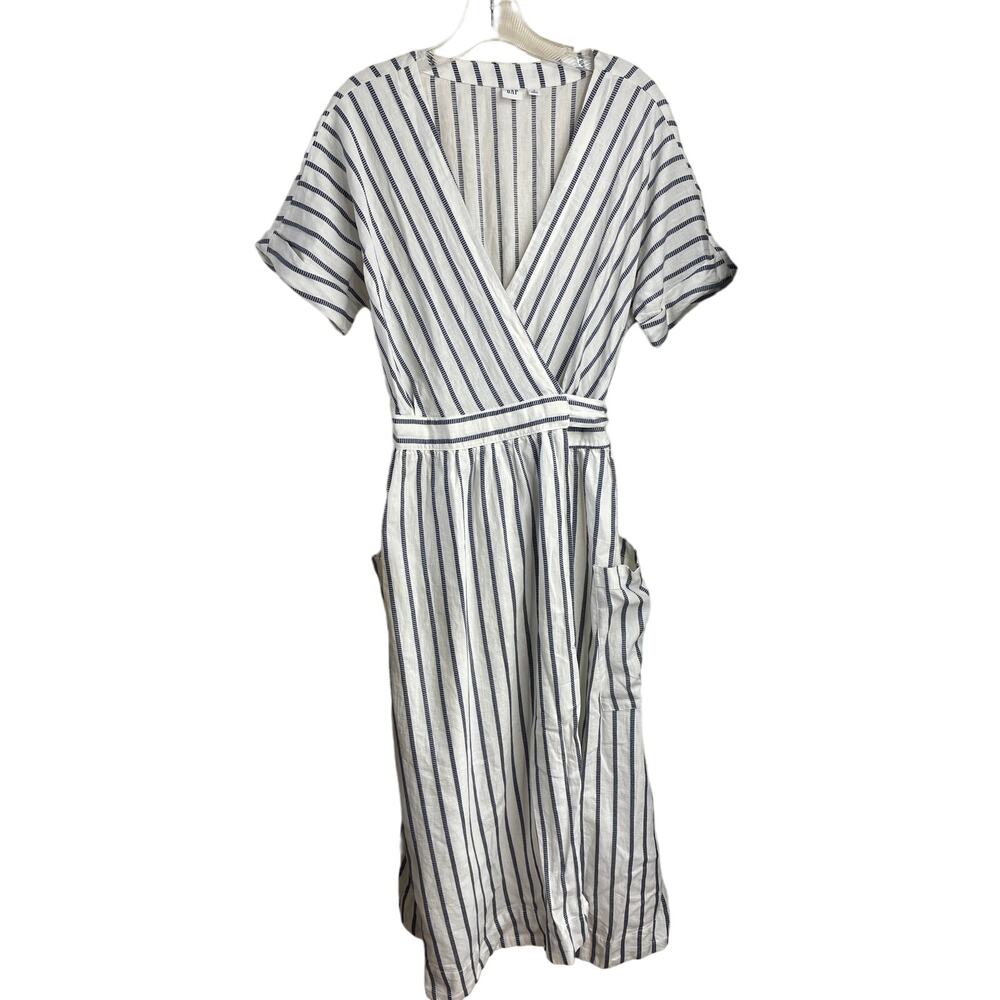 Striped V-Neck Midi Wrap Dress in White and Navy